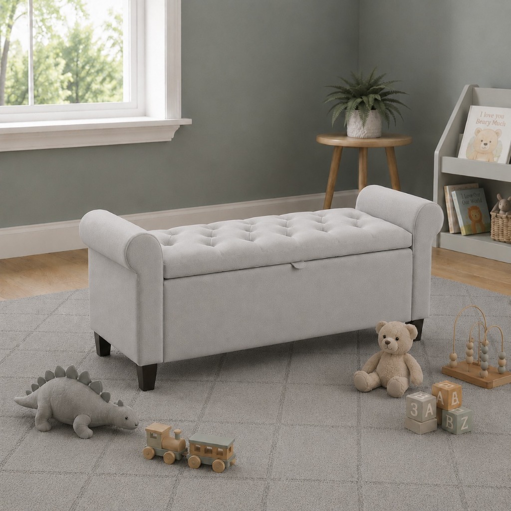 Bau Recamier 90cm  Organizador Para Quarto Solteiro Modelo Moderno Cinza Tecido Suede Estrutura em Madeira Organizador