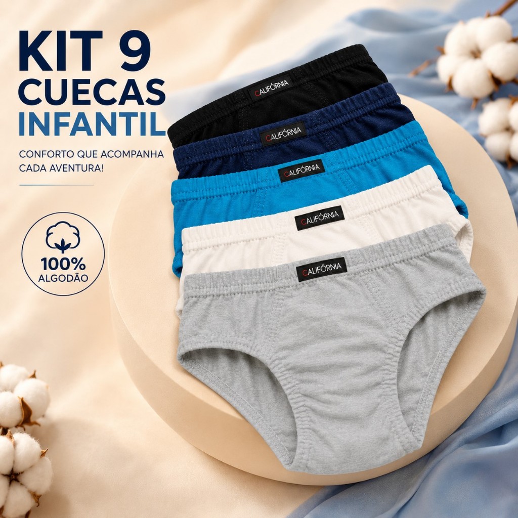 Kit 9 Cuecas Infantil Algodão Masculina Confortável Costura Dupla Elástico Macio P ao GG