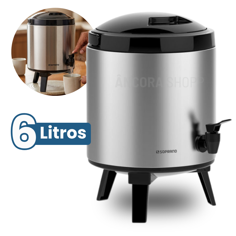 Garrafa Térmica Grande 6 Litros Cooler Térmico de Inox Botijão com Pé e Alça de Transporte Soprano