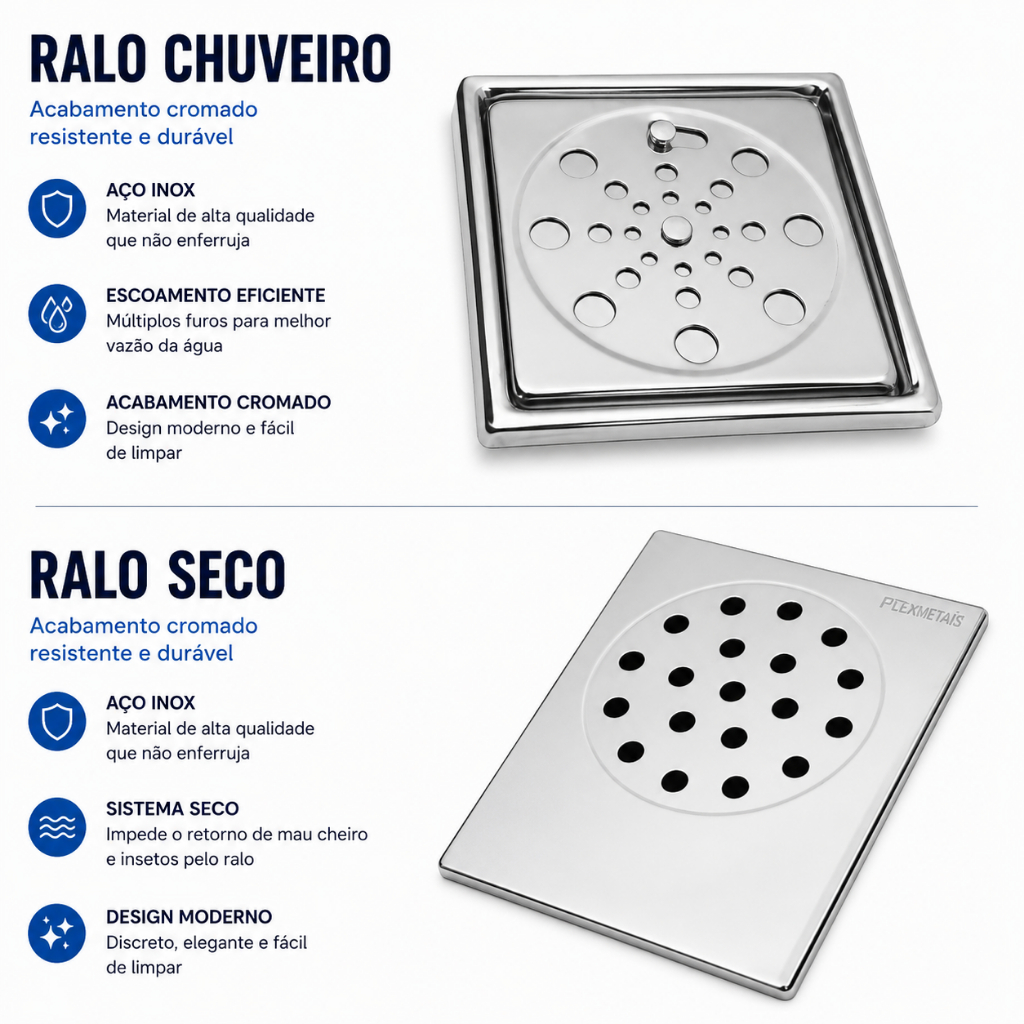 Ralo Para Box de Banheiro Inteligente em Aço Inox + Ralo Grelha 10x10