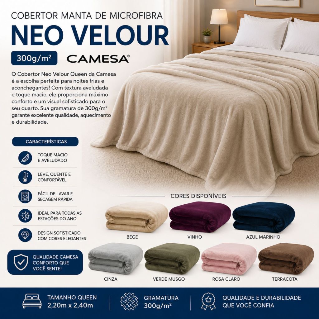 Cobertor Manta de Microfibra Neo Velour 300g/m² Queen 2,20x2,40m – Camesa