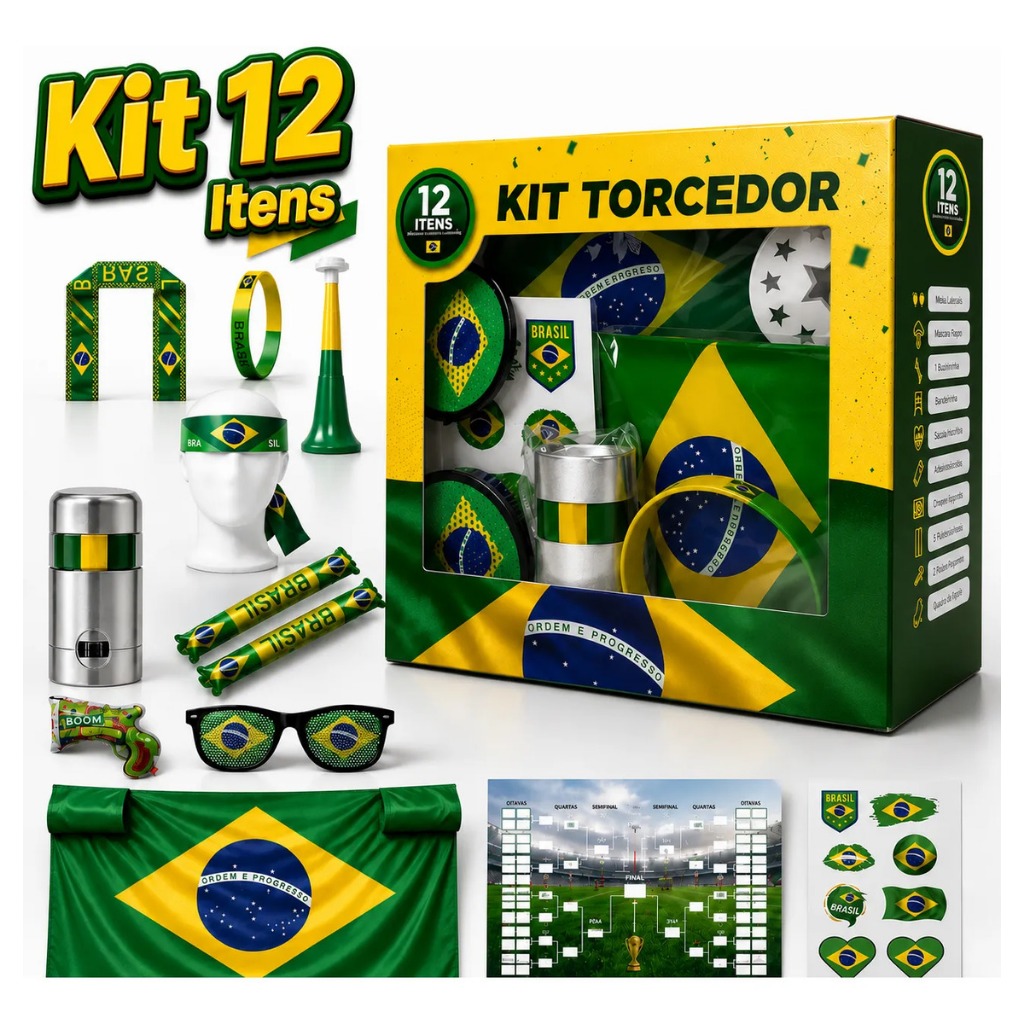 Kit Torcedor Brasil Copa do Mundo 2026 12 Itens Bandeira Corneta Óculos e Faixa