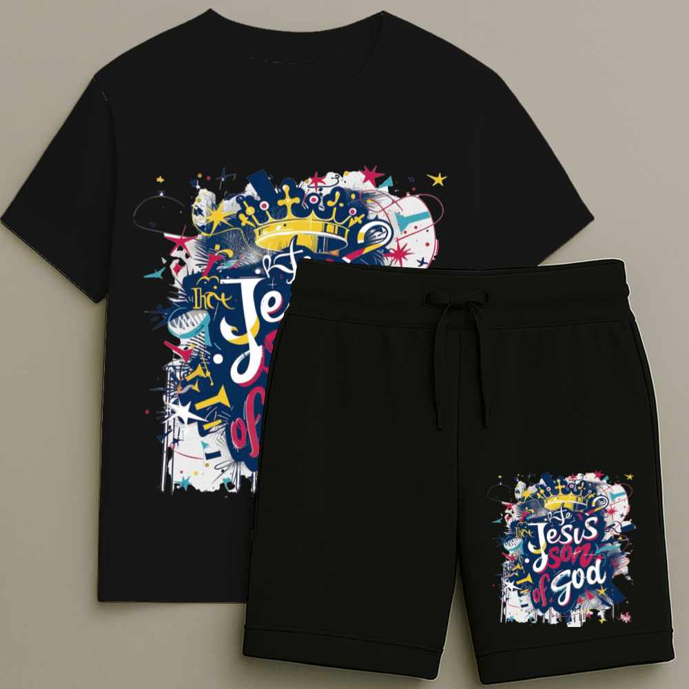 Camiseta e Bermuda Jesus Coroa Conjunto Masculino T-shirt Estampada Shorts Blusa Tamanho 2 ao 16