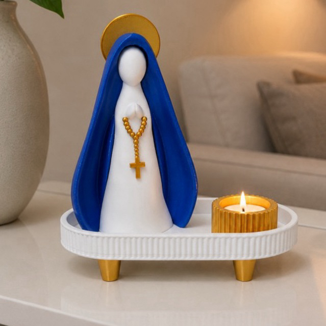 Nossa Senhora Decorativa com Bandeja e Porta Vela |Imagem Religiosa para Decoração|Cantinho de Oração|Presente Religioso