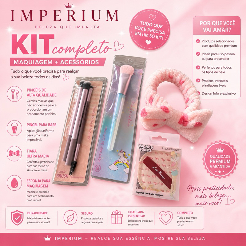 Kit de Beleza com Maquiagem, Skincare, Pincéis Profissionais e Faixa Spa