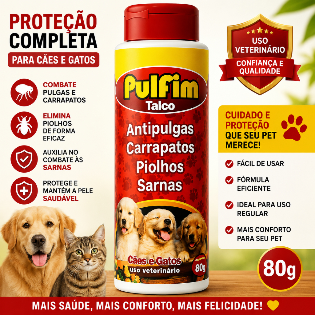 Detalhes do Talco Antipulgas Carrapato Piolho e Sarna Pulfim 80g para Cachorro e Gato