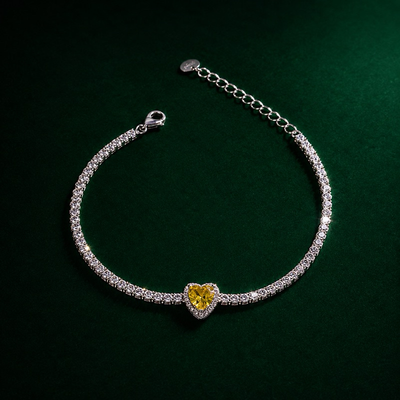 Pulseira Prata 925 Riviera Coração Amarelo Delicada e Elegante