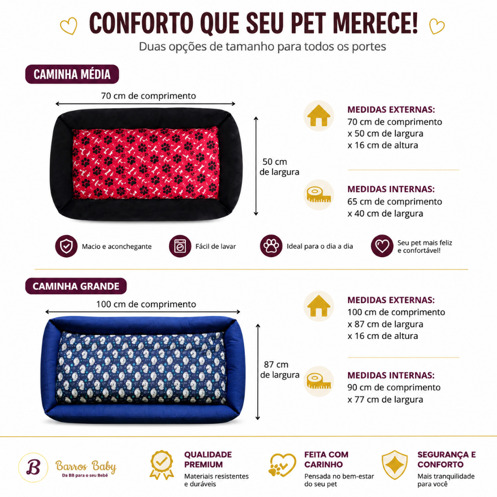 Cama Caminha Pet Cachorro Gato Lavável Com Ziper e Colchonete Média 70x50 cm Grande 100x87 cm