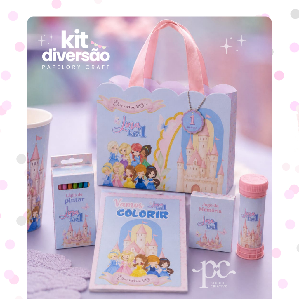 Kit Festa Diversão Lembrancinha Colorir de Festa Infantil Personalizada - Luxo - Tema Princesas