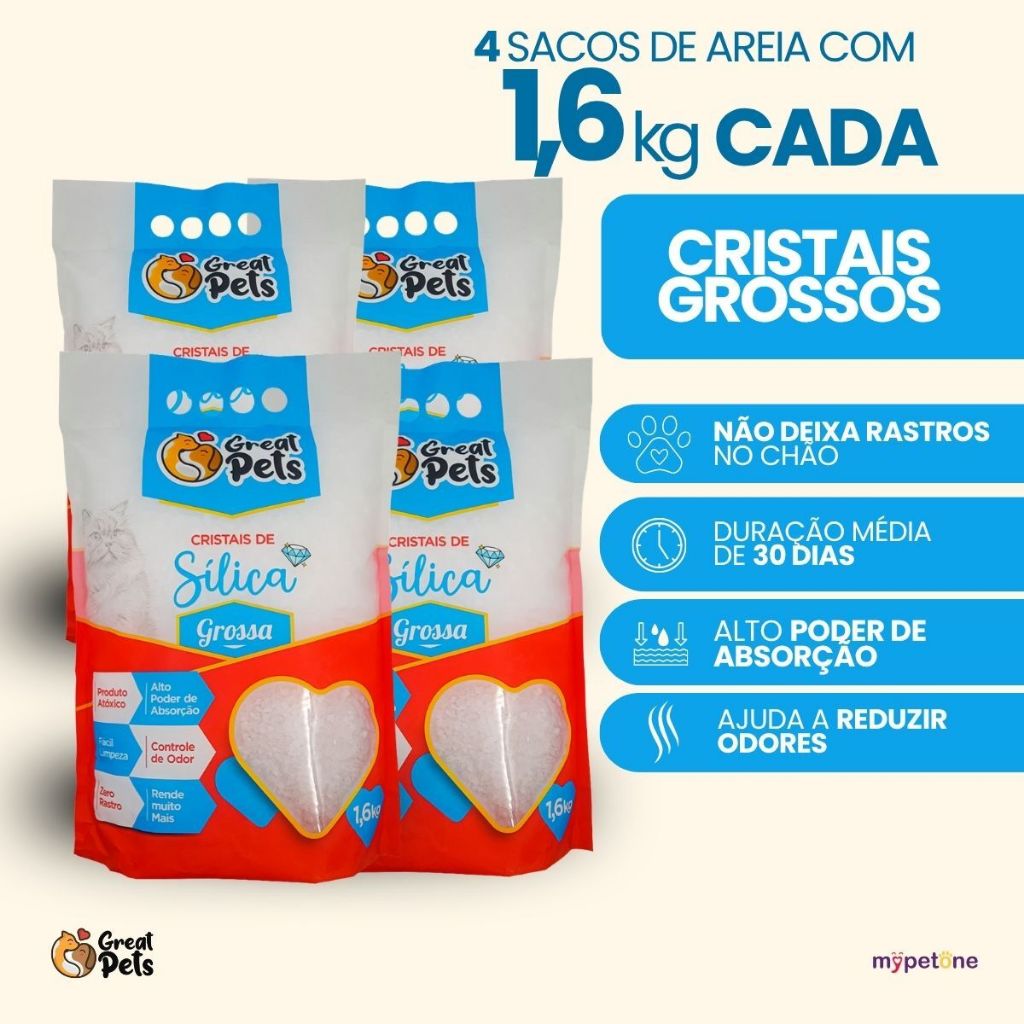 Kit 4 Areia Sílica Grossa Great Pets para Gatos - 1,6 Kg