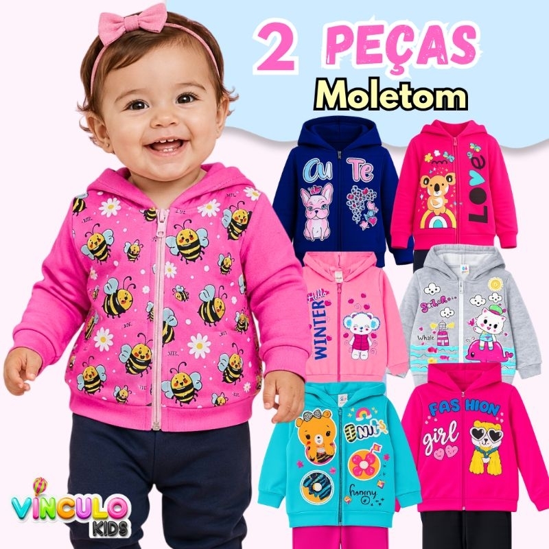 2 peças sortido de Roupa Infantil Menina = 1 Conjunto Moletom zíper  e capuz  P- bebê a 6 Inverno