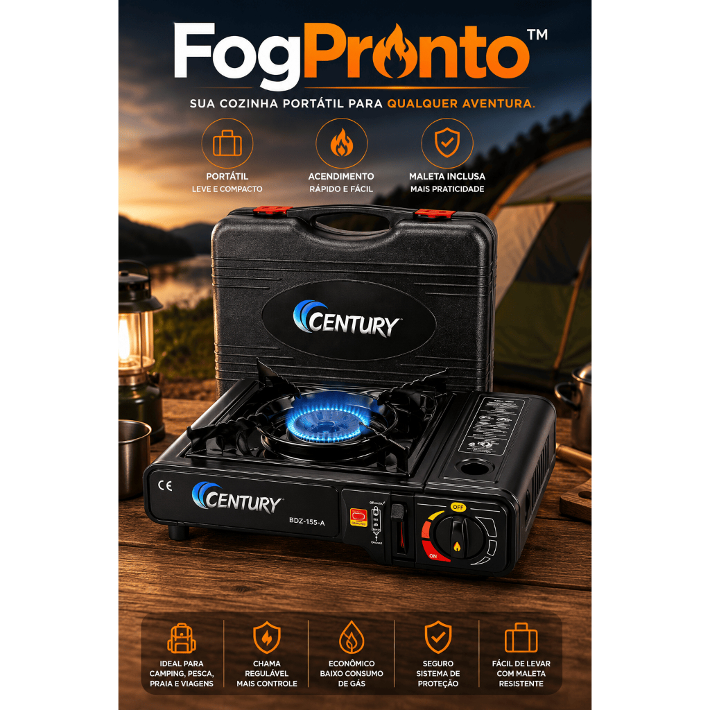 Fogareiro Portátil Compacto Gas      FogoPronto™   Camp  Leve, portátil e pronto para qualquer aventura.