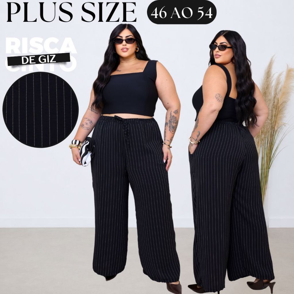 Calça Pantalona Plus Size Risca de Giz Tecido Duna Elegante Confortável Não Marca Não amassa 48 a 54