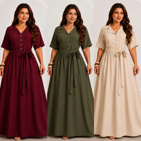 moda evangelica Vestido 👗 longo Sensorial com Botões Forrados, Cinto e Gola Estilosa e com Bolsos - Varias Cores