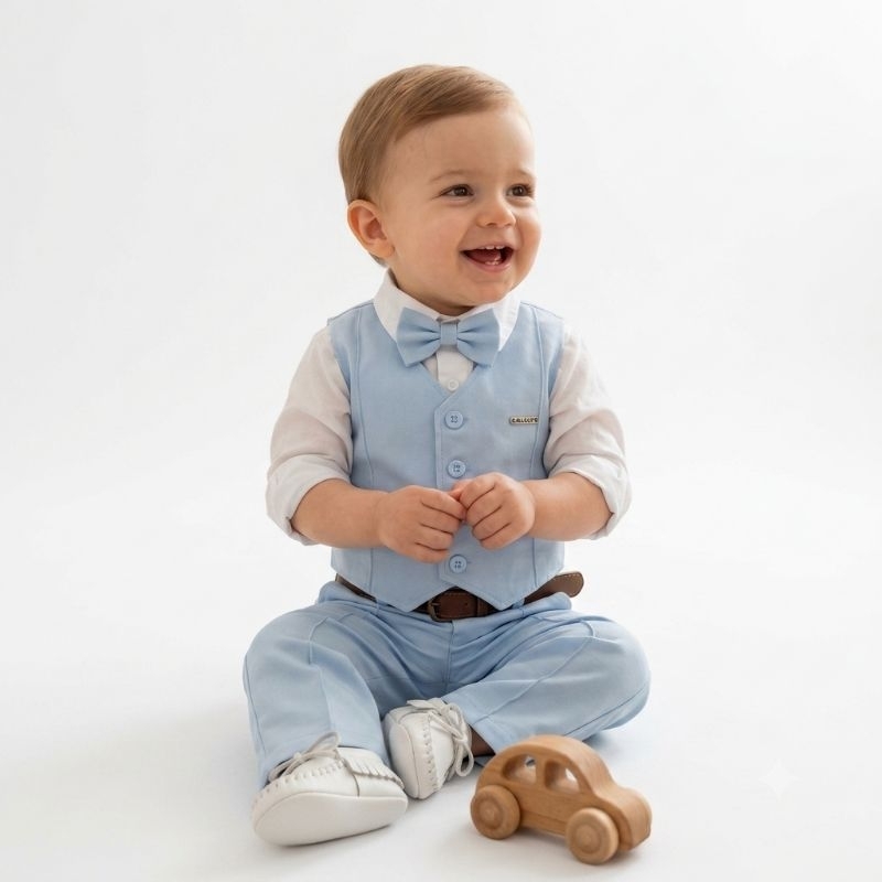 🌟 Conjunto Infantil Social Premium Bebê Azul Bebê com Body, Colete, Calça, Gravata e Cinto
