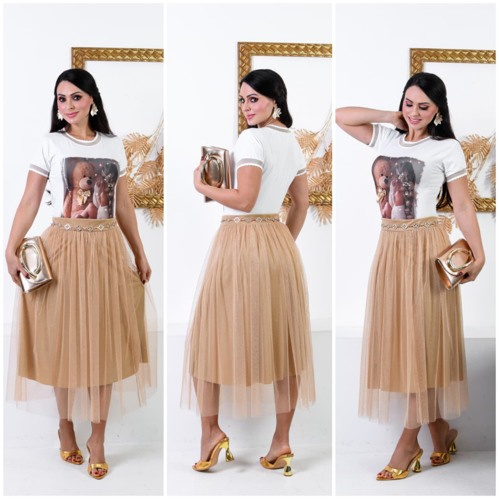Saia Tule Glitter Moda Evangélica Feminina Premium de Alta Qualidade Ideal Para Congressos, Cultos e Eventos