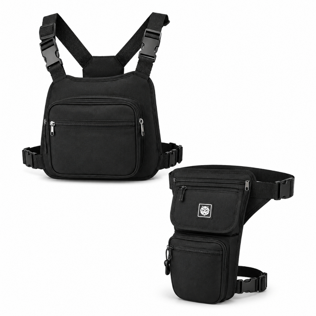 Kit Bolsa Motoboy Peitoral e Perneira Tática Masculina Multi Bolsos Preta Unissex