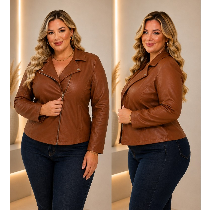 Jaqueta De Couro Sintético Feminina Couro Fake Curve Plus Size