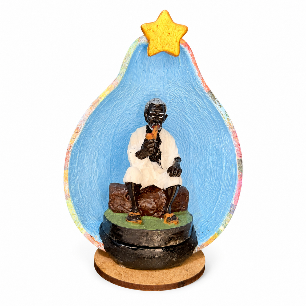 Imagem de Preto Velho Umbanda no Oratório de Cabaça Artesanal 13 a 15cm Decoração Religiosa Arte Sacra