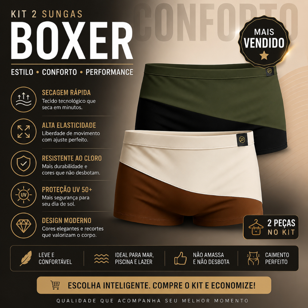 Kit Sunga Praia Boxer Masculina – 2 Unidades | Secagem Rápida e Design Exclusivo