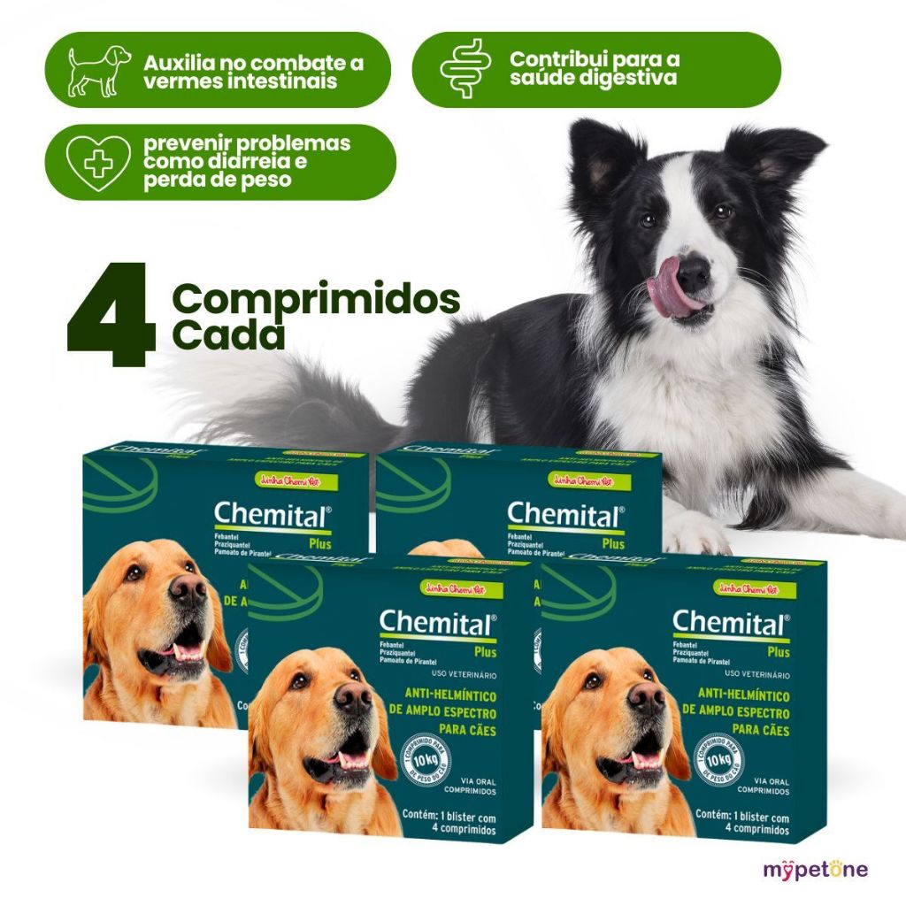 Kit 4 Chemital Plus Chemitec Vermífugo para Cães - 4 Comprimidos