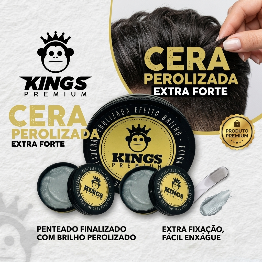 Cera Modeladora Para Cabelo Perolizada, Pomada de Alta Fixação Kings Premium Brilho Intenso 150g Professional