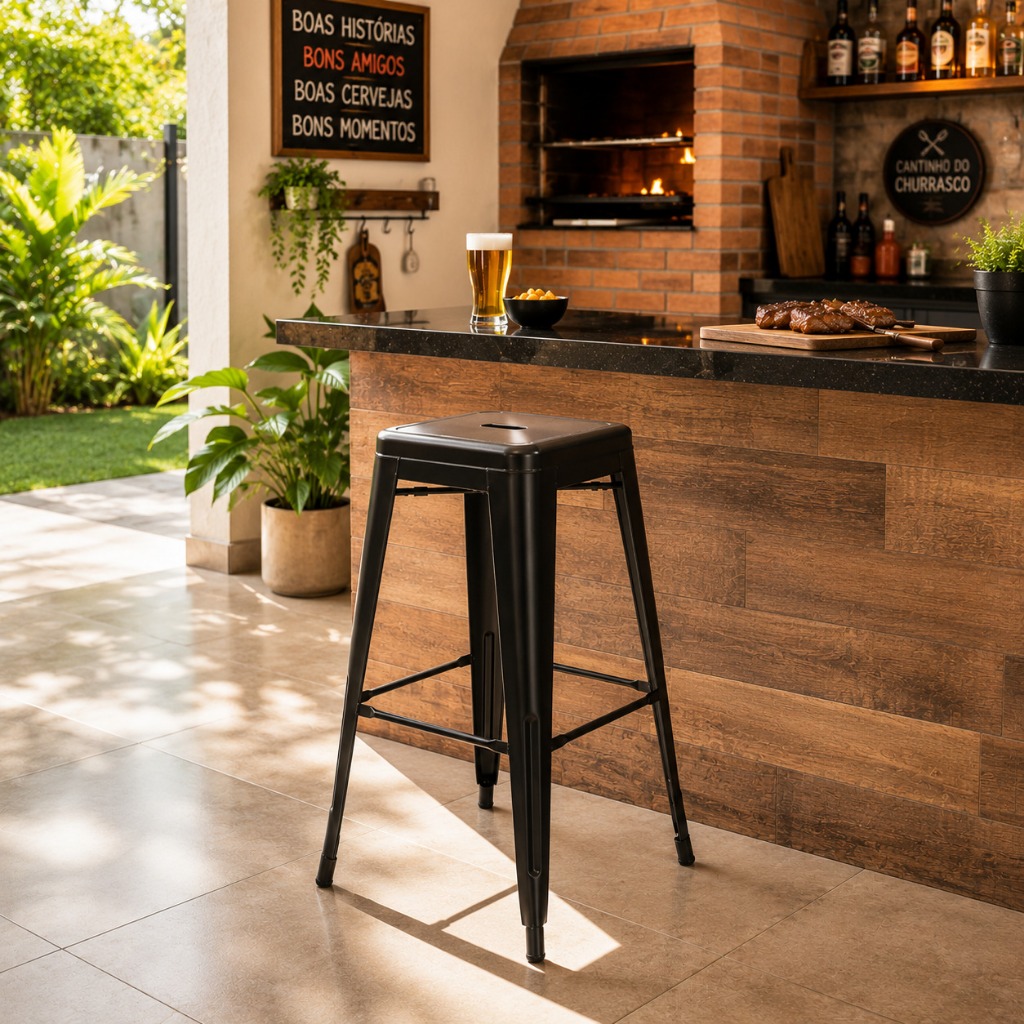 Banqueta Alta Bar Balcão Bancada Pub Bistrô Cozinha Americana Tolix Industrial Preta Tamanho medio