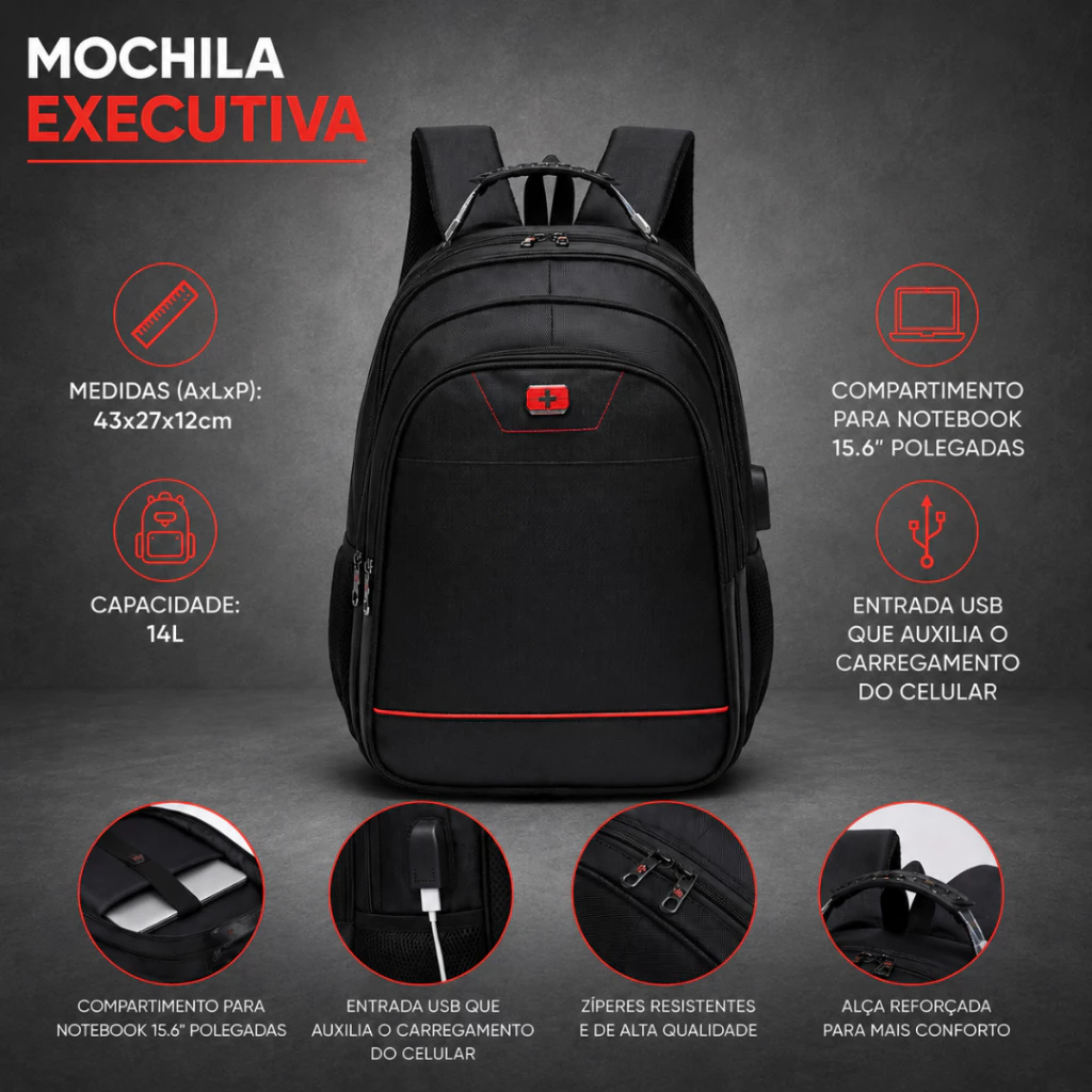 Mochila Bolsa Executiva Swicky Notebook Grande Reforçada USB Fone de ouvido