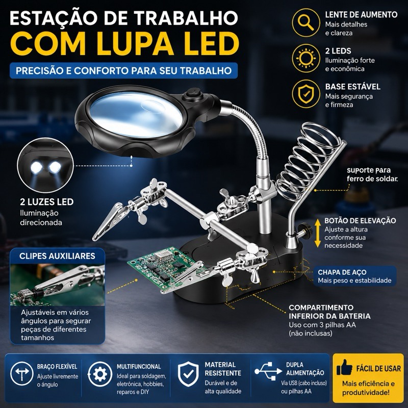 Estação de Solda com Lupa LED 2 Lentes Clip Suporte Ferro de Solda Bancada Reparo Eletrônico USB