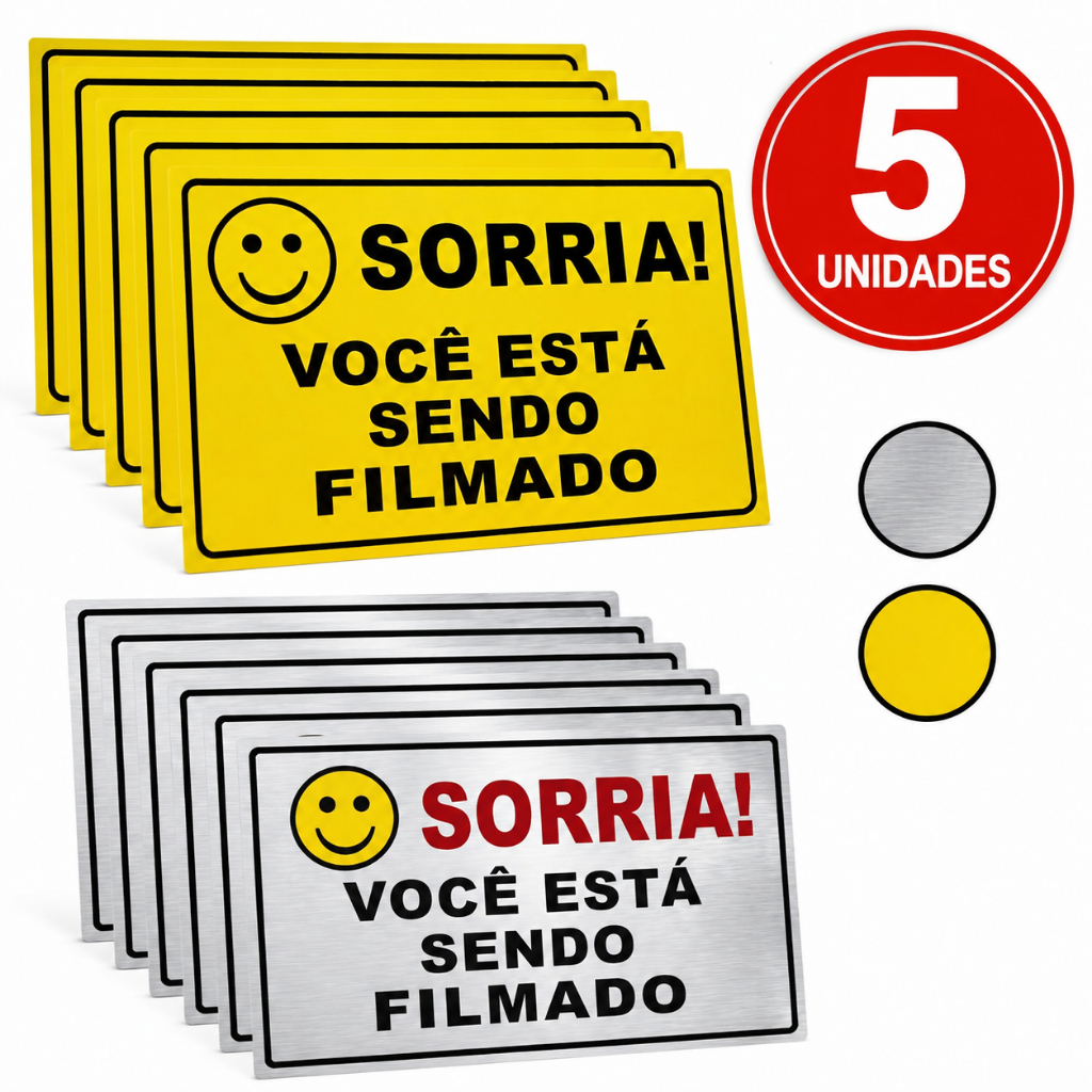 Kit 5 Placas de Aviso "Sorria, Você Está Sendo Filmado" 18x12 cm em Alumínio