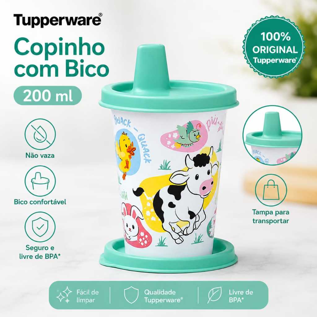 Copo Infantil Com Bico E Tampa Tupperware Copinho 200ml Treinamento Não Vaza