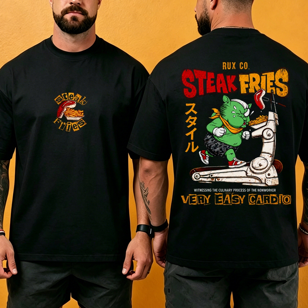 Camiseta Oversized Steak n' Fries Academia Treino Pesado Streetwear Unissex 100% Algodão Estampada Anime Fitnes