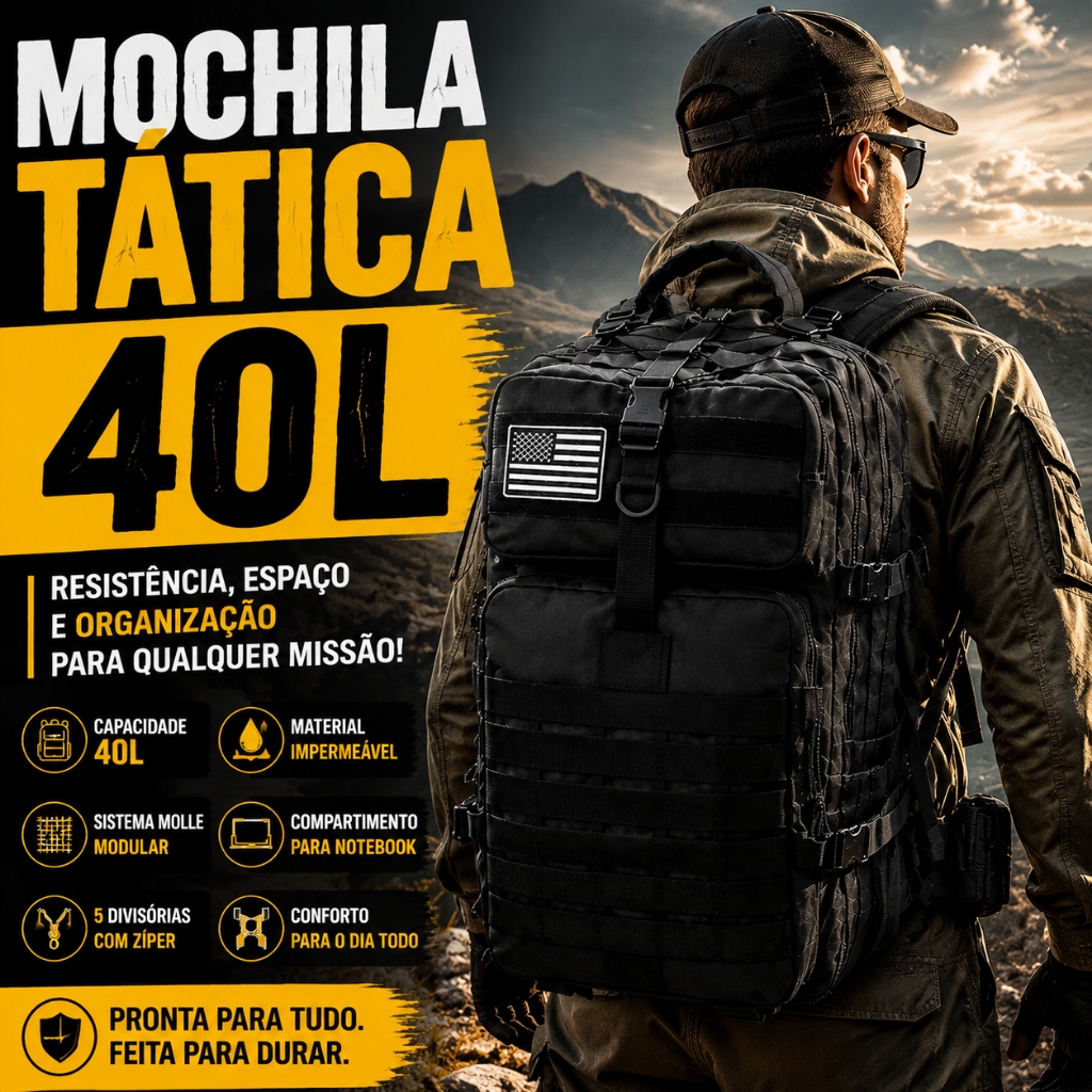 Mochila Tática Militar 40L Impermeável Nylon 600D – Camping, Trilha e Viagem, Sistema MOLLE, Reforçada com Suporte para