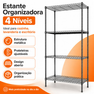 Estante de Ferro 4 Prateleiras Ajustável Reforçada Multiuso Cozinha Despensa Lavanderia