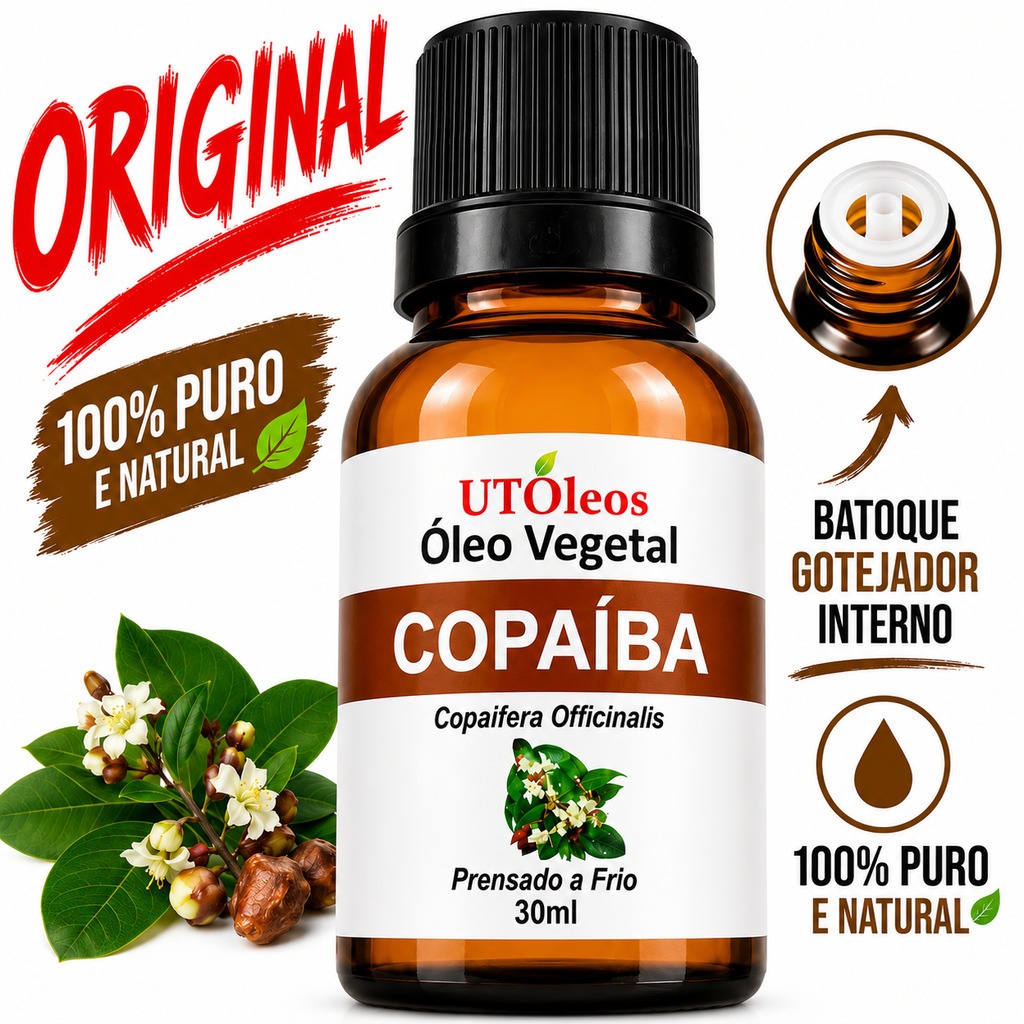 Óleo Vegetal Copaíba 30ml Copaifera Officinalis Uso Cosmético Pele Corpo Cabelos Prensado a Frio