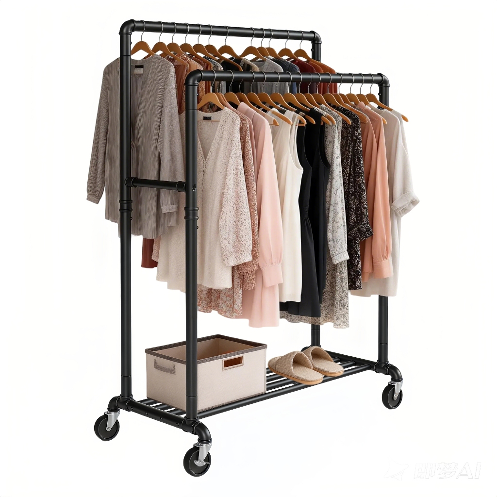 SONGMICS Cabideiro de Metal com Rodas, Preto, Prateleira de Armazenamento, Suporte para Roupas Duplo, para Quarto