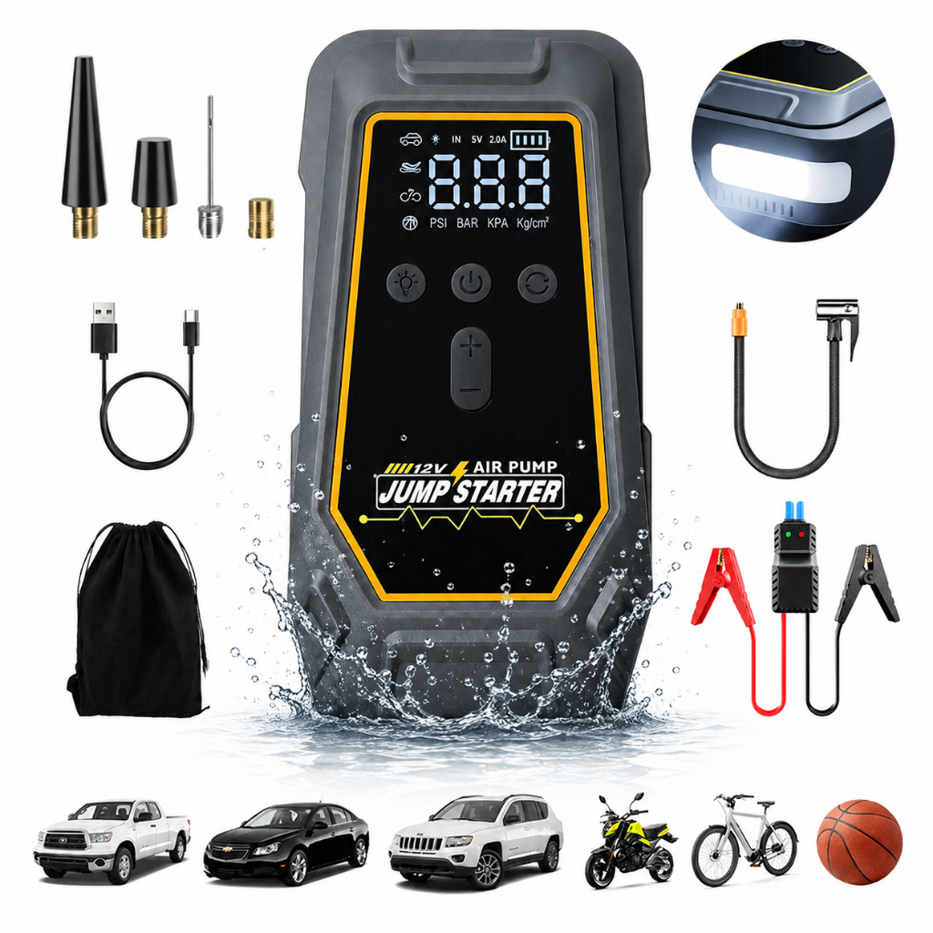 Auxiliar De Partida 12V 150PSI Compressor De Ar Portátil Inflador De Pneu Digital Power Bank Lanterna LED