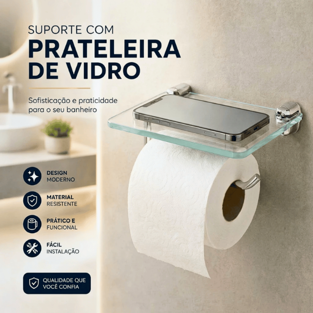 Papeleira Porta Celular Suporte Vidro Porta Papel Higiênico e Objetos Haste Alumínio Cromado e Preto