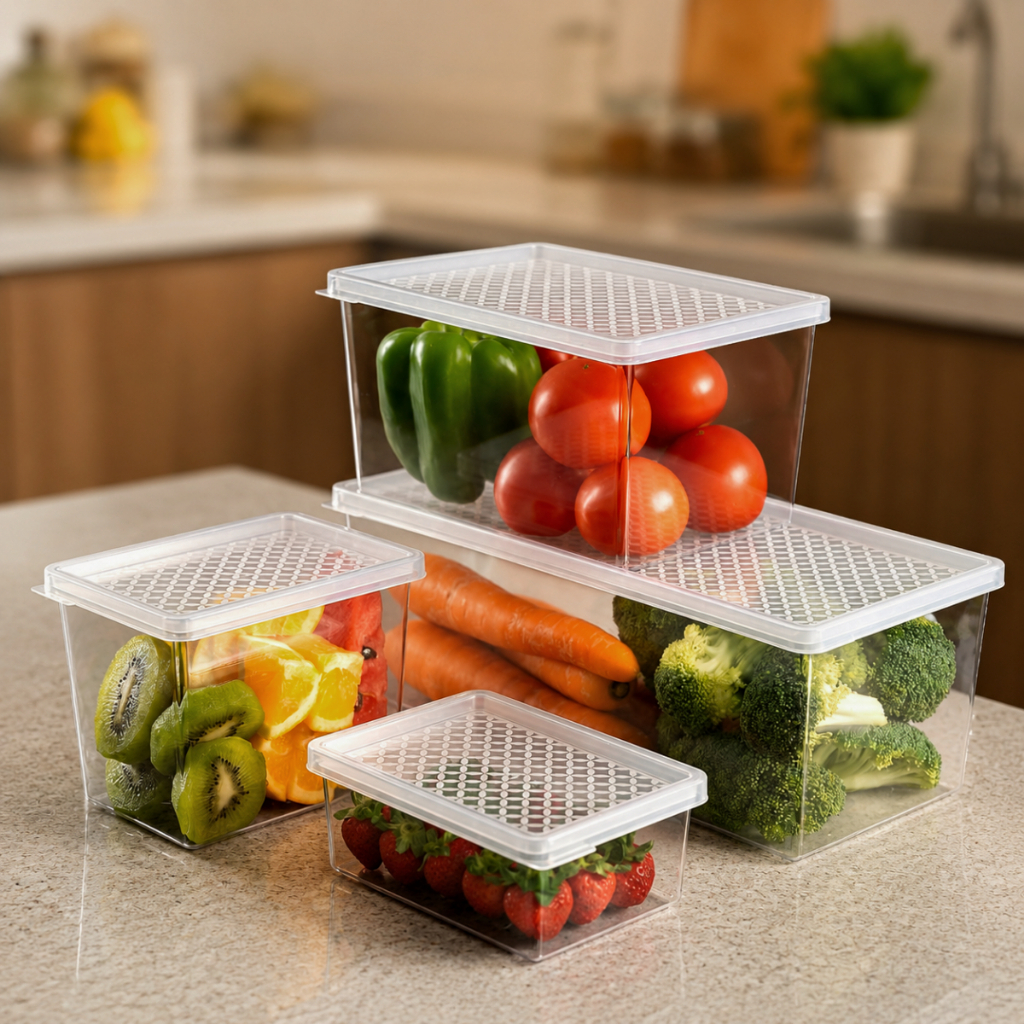 Kit Até 4 Organizador de Geladeira Cesto Com Tampa Multiuso Alimentos Verduras e Vegetais