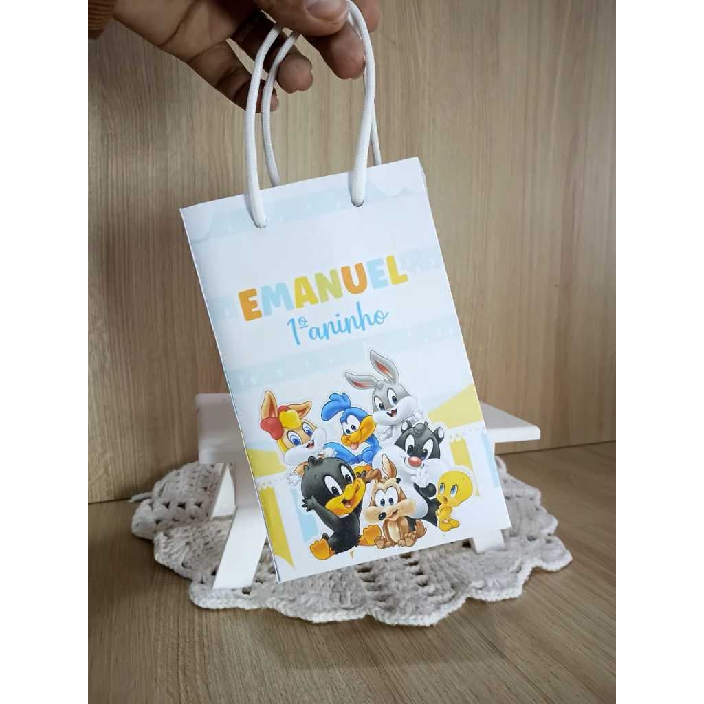 Sacolinhas Baby  Looney Tunes Personalizadas Pegue e Monte | Lembrancinhas Festa Infantil Sacolinha Surpresa Azul Menino