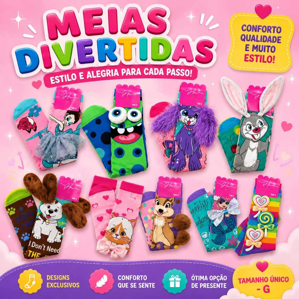 Meia Infantil 3D Colorida Divertida Menino Menina Macia Confortável Engraçada Personagens