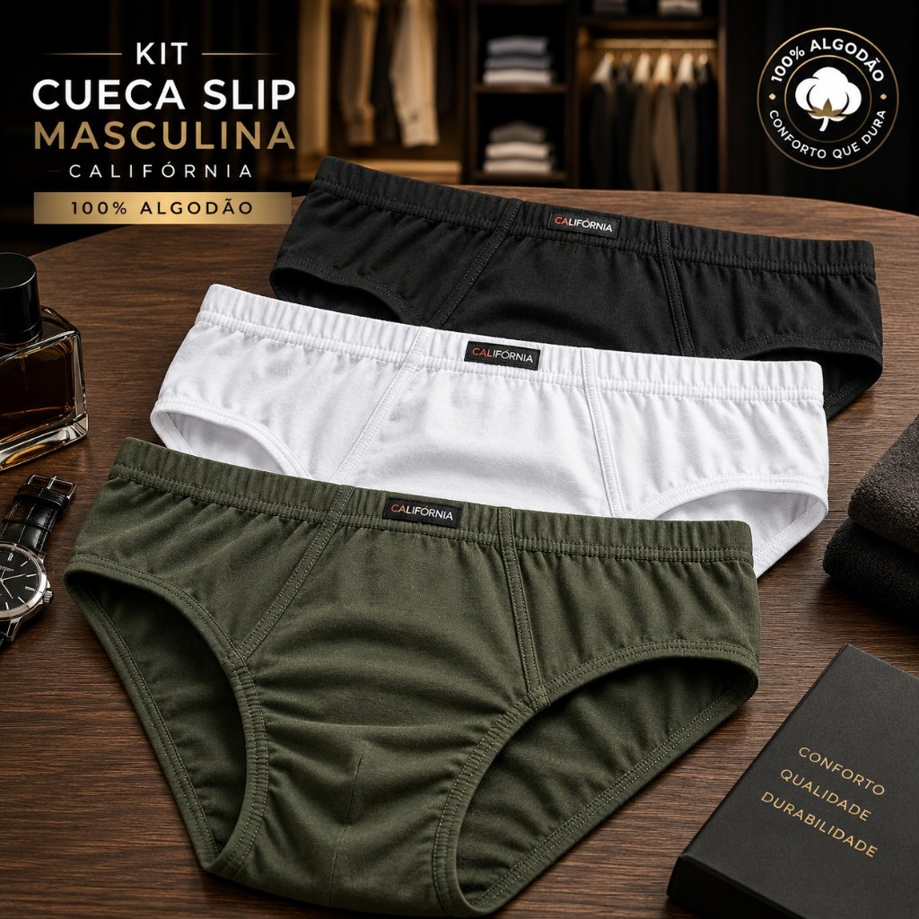 Kit Cueca Slip Masculina Algodão 100% Confortável Adulto Tradicional P Ao GG
