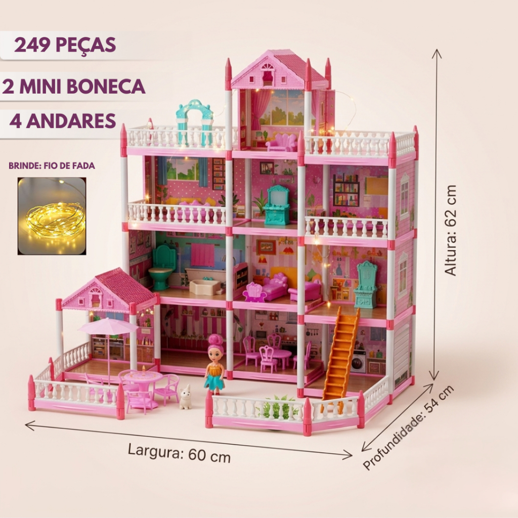 Casinha de Boneca Com Movéis e Mini Boneca COM OU SEM LED Completa Presente Para Meninas