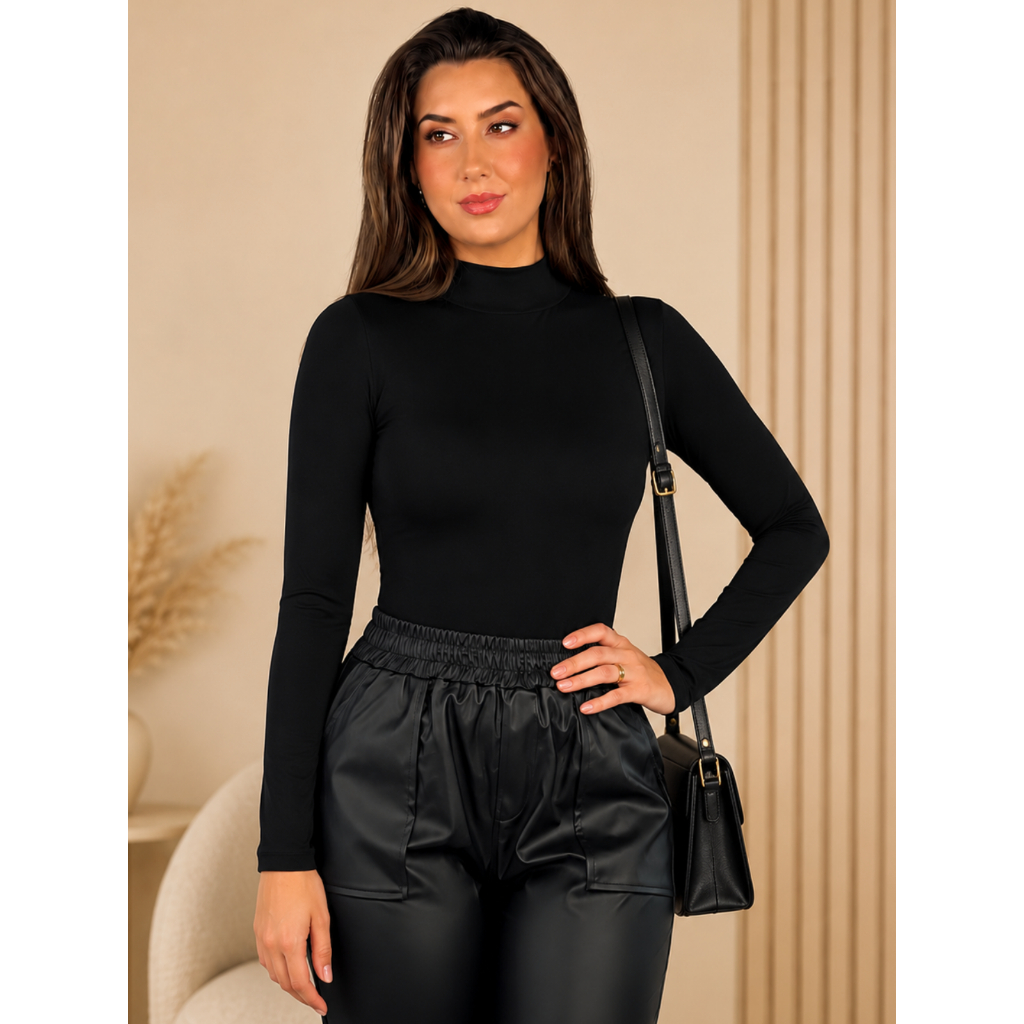 Blusa Feminina Manga Longa Cacharrel Gola Alta Segunda Pele Básica Confortável Inverno