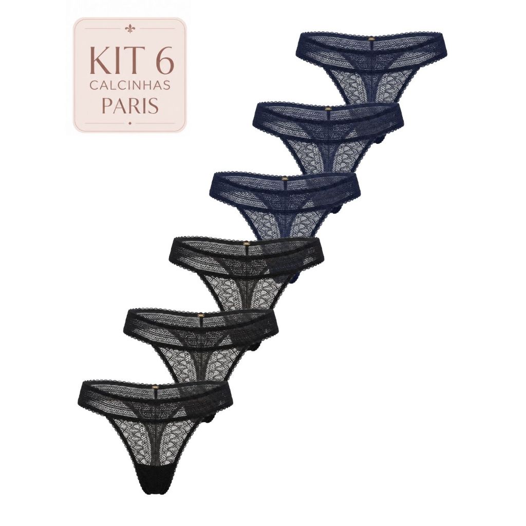 Kit 6 Calcinha Biquíni Paris Em Renda Delicada Cintura Fina Elástico Confortável 100% Algodão Plié