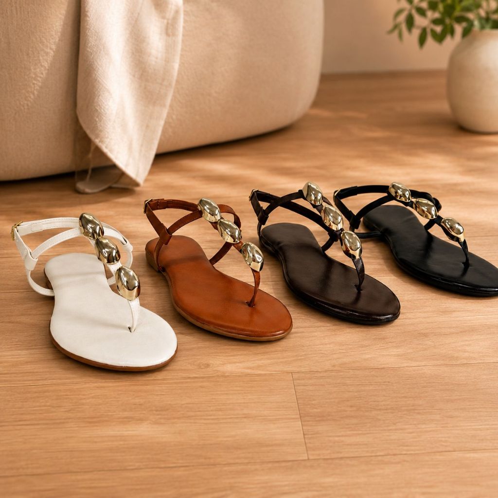 Sandalia Feminina Flat Fio Dental ABS Metalizado Rasteira Elegante Confortavel Leve com Necessaire