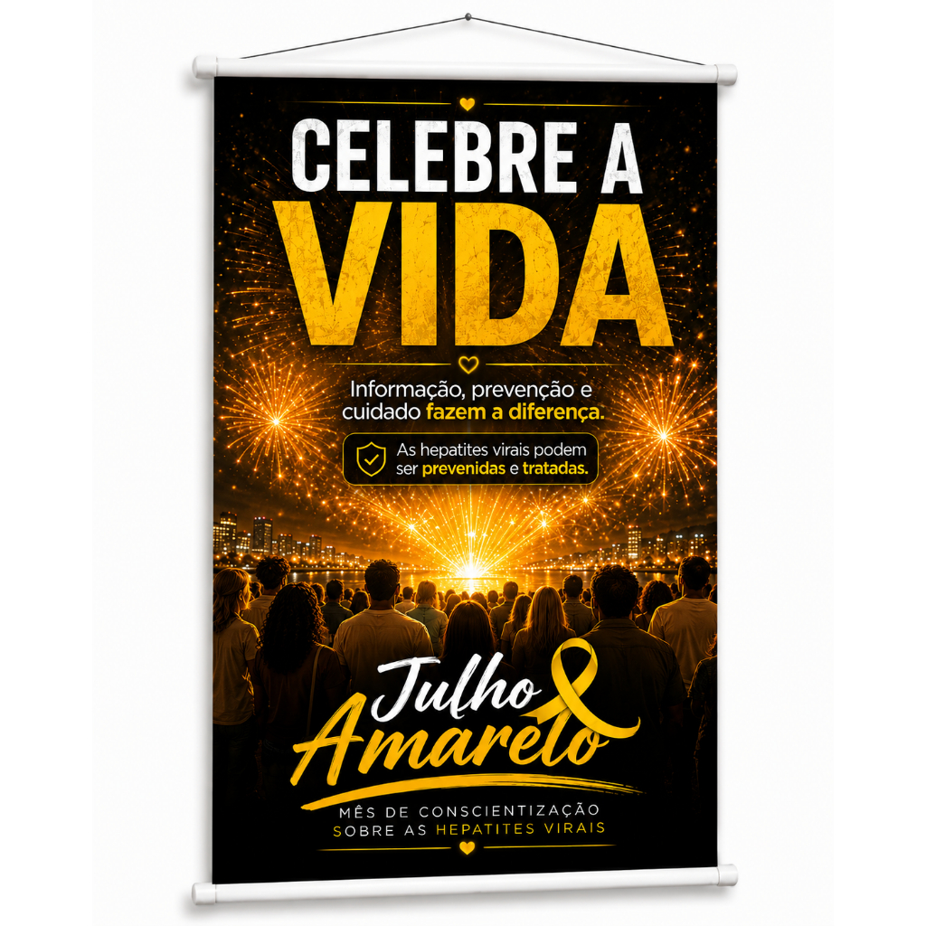 Banner Julho Amarelo Hepatites Virais Conscientização produzido em lona. Cartaz para Hospital Escola Empresa Pub1071