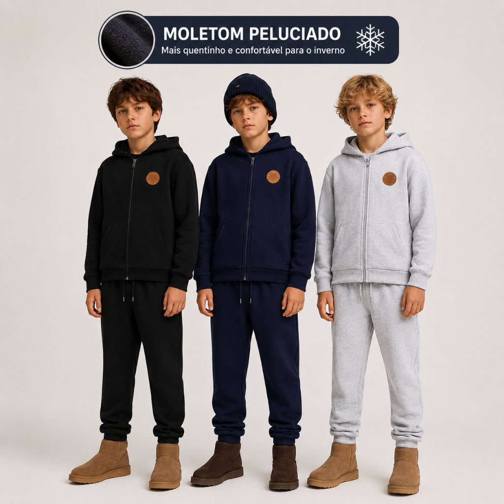 Conjunto Moletom Quentinho Infantil Menino Jaqueta Zíper + Calça CORES VARIADAS PARA A ESCOLA