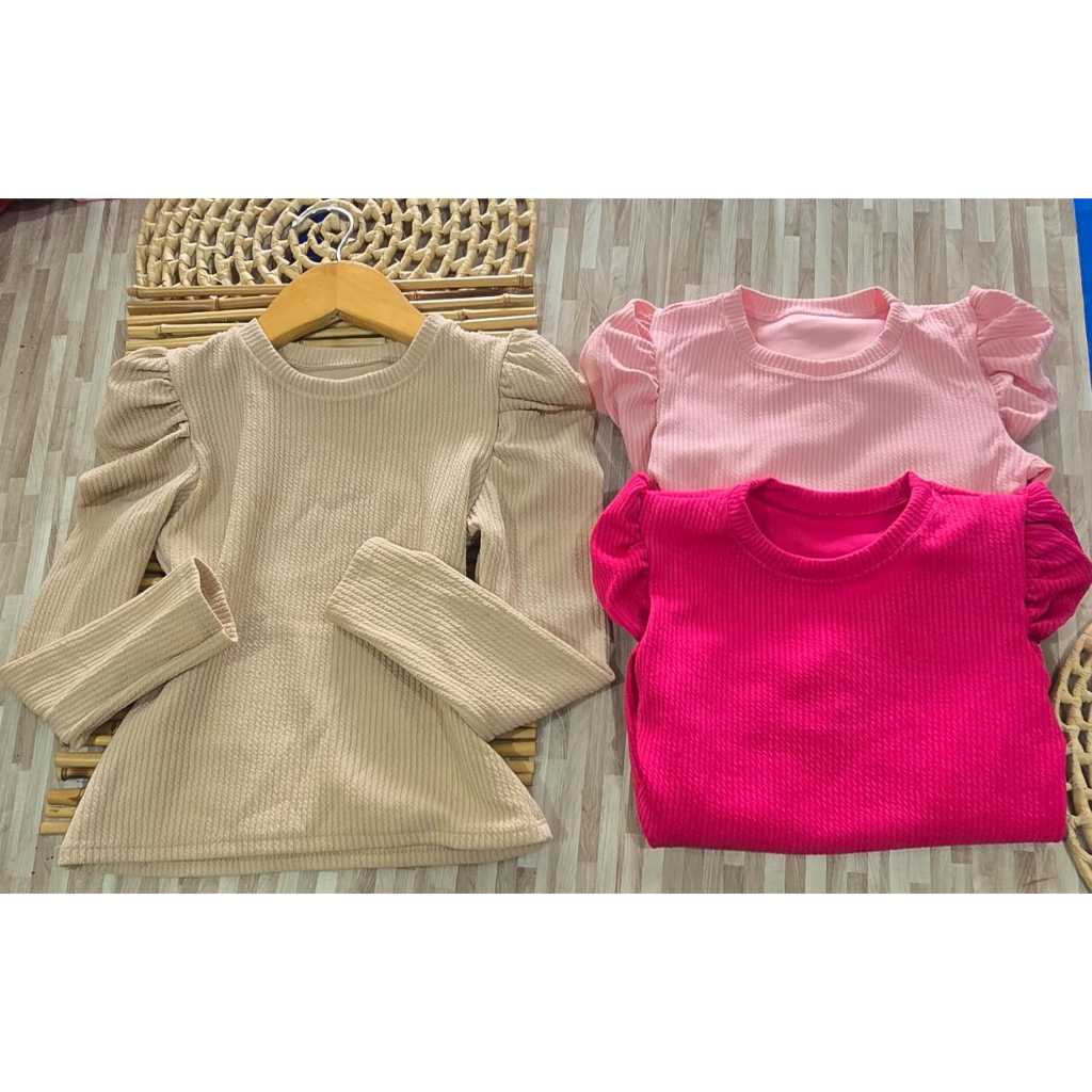 Blusinha Canelada Anarruga Manga Bufante Gola Careca Moda Casual, Infantil Menina Manga Longa Princesa Tecido Anarruga