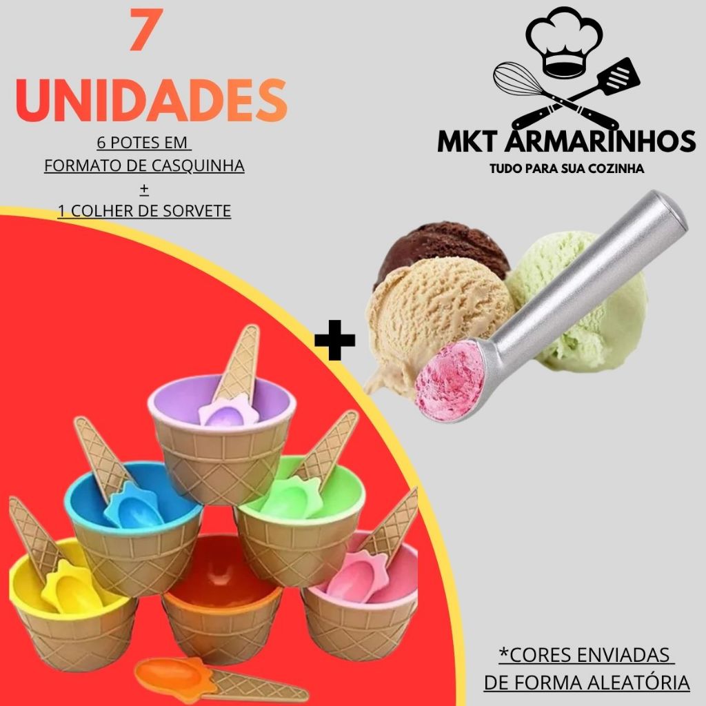 Kit Pote Sorvete Infantil 7 Peças Casquinha Brinquedo Praia Areia Verão Colorido Com Colher Sorveteira Açaí Frutas Doces